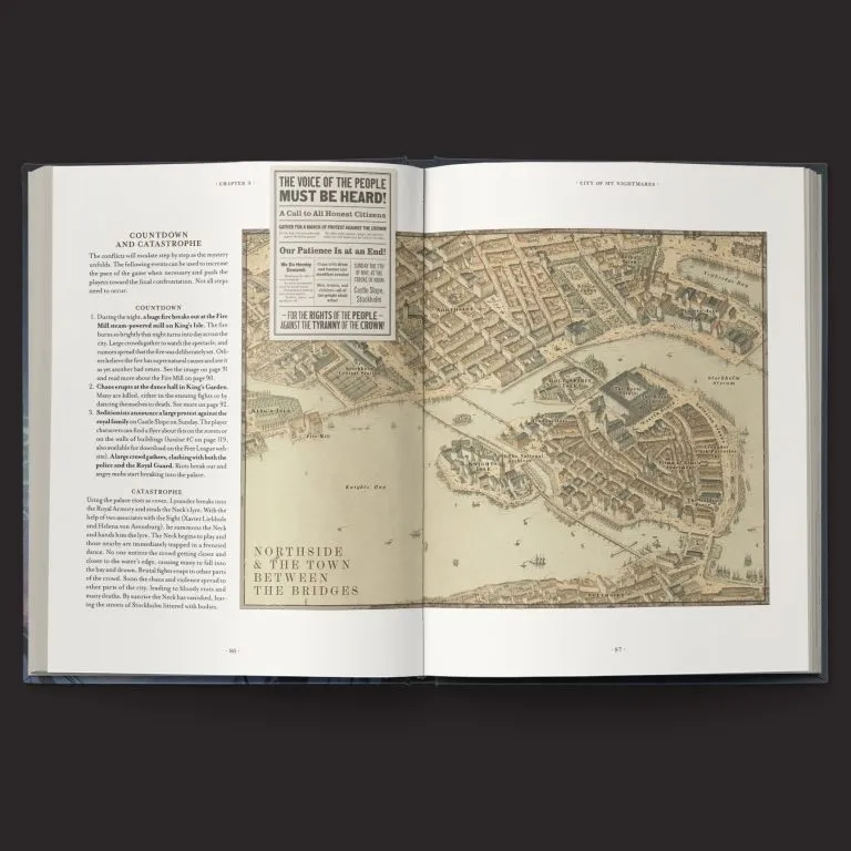 An open book displays a detailed, vintage map of Stockholm, showcasing the city's layout with intricate lines and shading. On the left page, text titled "COUNTDOWN AND CATASTROPHE" outlines the chapter's content, while a prominent newspaper-style notice at the top reads, "THE VOICE OF THE PEOPLE MUST BE HEARD!" The map is labeled "NORTHSIDE & THE TOWN BETWEEN THE BRIDGES," emphasizing key areas of the city relevant to the campaign.