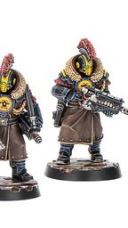 Three miniatures from the Palanite Enforcer Captains & Sergeants set are displayed. On the left, a figure wields a large axe and wears a blue and brown uniform with a fur collar, while the two figures on the right are equipped with firearms and feature distinctive yellow masks and red mohawks. All three are mounted on circular bases, showcasing intricate details in their armor and accessories.