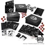 Black game boxes, cards, dice, notebooks, and a PDF logo.