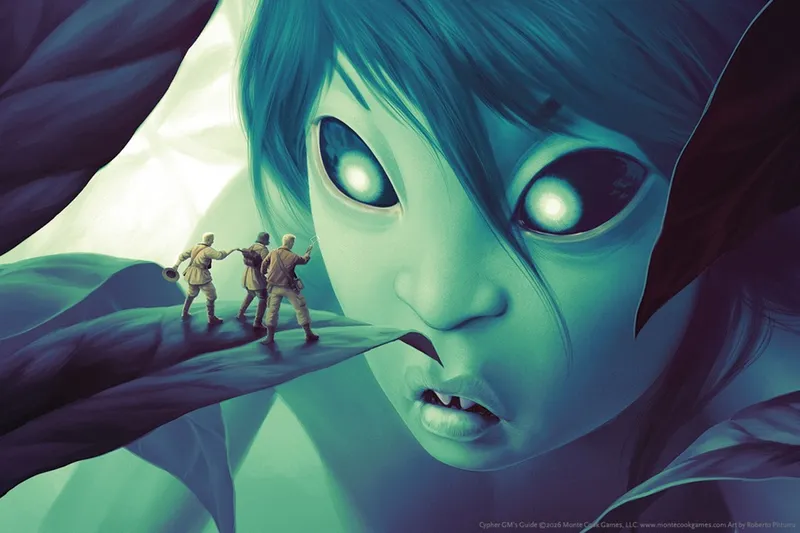 A large blue face with glowing eyes and two small figures standing on its tongue.