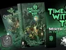 "Time Without Tide" book covers, glowing green text, fantasy art, and "Mirth & Misery in the World of Fog" text.
