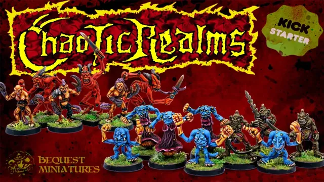 A collection of 15 detailed miniatures from the BeQuest Miniatures range titled "Chaotic Realms Demons," featuring various demons and demonettes representing Change, Plague, Blood, and Lust. The miniatures are painted in vibrant colors, showcasing dynamic poses and intricate designs, set against a fiery red background with the title "Chaotic Realms" prominently displayed at the top. The BeQuest Miniatures logo is visible in the lower corner, emphasizing the brand.