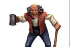 A detailed miniature figure of a grinning, elderly tavern patron, holding a metal mug in one hand and a wooden staff in the other. He wears a white shirt, a red vest, and blue trousers, with wild gray hair framing his face. The figure captures a lively and mischievous character, embodying the spirit of a fantasy tavern setting.