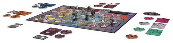 A colorful game board features a variety of circular spaces in different colors, indicating movement and action zones. Several detailed miniatures are positioned on the board, representing characters from the Unmatched game series, including iconic fighters and their sidekicks. In the background, game tokens and cards are visible, enhancing the strategic elements of gameplay.