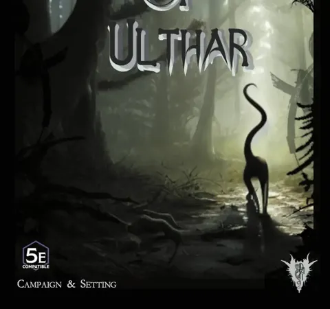 "Cats of Ulthar" text, dark forest, black cat silhouette, "5E Compatible Campaign & Setting" text.