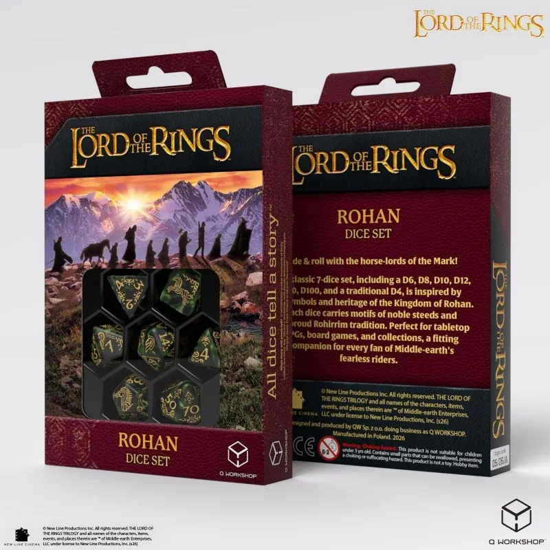Two Lord of the Rings dice set boxes labeled "Rohan Dice Set" with visible dice inside.
