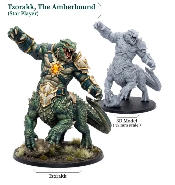 Two painted 32 mm scale fantasy football miniatures on round black bases. The left figure, labeled “Tzorakk,” depicts a muscular reptilian creature with green and brown scales, wearing gold and silver armor with a large amber gem on its chest plate. It has a spiked tail, clawed hands and feet, and stands in a crouched, roaring pose with one arm raised. The base shows tufts of grass. The right figure, labeled “3D Model,” is a gray monochrome dwarf warrior in heavy plate armor with a horned helmet, holding a warhammer raised overhead in both hands. Its base is plain. Legible text beneath each figure reads “Tzorakk” and “3D Model (32 mm scale).”