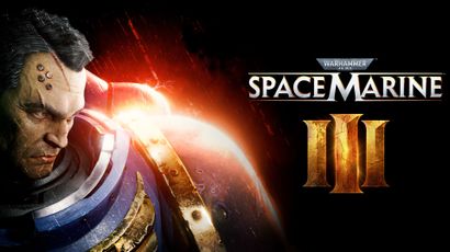 A close-up of a stern-looking Space Marine character, showcasing intricate details on his armor and facial features. The character has a rugged appearance with a prominent brow and several mechanical implants on his head, set against a dark, fiery background that enhances the dramatic effect. The image emphasizes the character's intense expression and the metallic textures of his blue and gold armor.