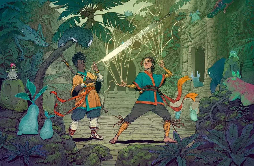 Two people in colorful robes duel with glowing energy in a jungle temple.