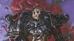 A heavily armored figure representing the Emperor's Children stands prominently, showcasing intricate details such as spikes, chains, and a skull-like face. The armor is predominantly black with metallic accents, and the character holds a weapon adorned with various symbols. The background features a surreal, purple and red organic texture, enhancing the chaotic and hedonistic theme of the design.