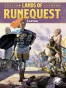 Cover art for Lands of RuneQuest: Sartar. Central figure with red hair, armor, and a blue cloak stands holding a shield with a rune design. Behind, an elderly man in robes and a warrior with spear. Title reads "LANDS OF RUNEQUEST Sartar" with ancient symbols above.
