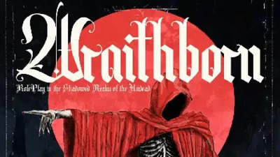 A skeletal figure in a long, tattered red hooded cloak stands against a dark background. The figure holds a sword in its right hand and a skeletal hand in its left. A red crescent moon appears behind the figure. Text at the bottom reads "Theatre Macabre" on the left and "Mörk Borg" on the right.