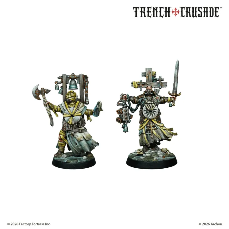 Two intricately designed miniatures from the Trench Crusade: Carcass Front game are displayed. On the left, a cloaked figure wields an axe and holds a bell, adorned with chains and tattered clothing. On the right, a more armored character brandishes a sword and is equipped with various religious symbols and a large cross, standing on a rocky base. Both figures exhibit a grimdark aesthetic, reflecting the game's alternate-history theme.