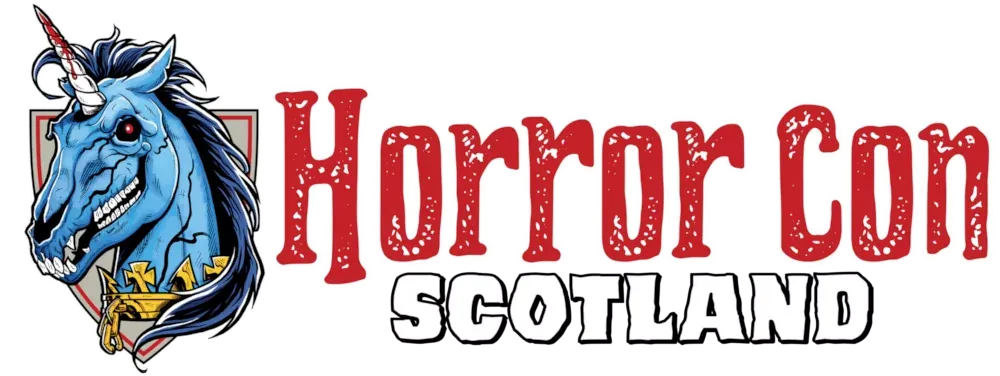 A stylized logo features a blue unicorn with a fierce expression, showcasing sharp teeth and a prominent horn. The unicorn is adorned with a golden collar and is set against a shield-like background. The text "Horror Scotland" is prominently displayed in bold, red letters, with a distressed texture, emphasizing the event's horror theme.