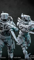 Three futuristic military robots are displayed in a dynamic arrangement, each featuring a slim, minimal steel frame with articulated joints. The robots are equipped with heavy assault rifles and one is holding a drone, showcasing a variety of poses and head designs. The models have a modernist aesthetic, suitable for settings in modern warfare, post-apocalyptic, cyberpunk, or sci-fi games, with a dark background enhancing their striking appearance.