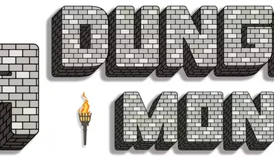 Bold, blocky text spells out "MEGA DUNGEON MONTH" in a stone brick style, evoking a dungeon-like atmosphere. A stylized torch with a flame is positioned to the right of the text, adding to the adventurous theme. The overall design is eye-catching and fits the tabletop gaming aesthetic, suggesting a focus on dungeon crawling and RPG content.