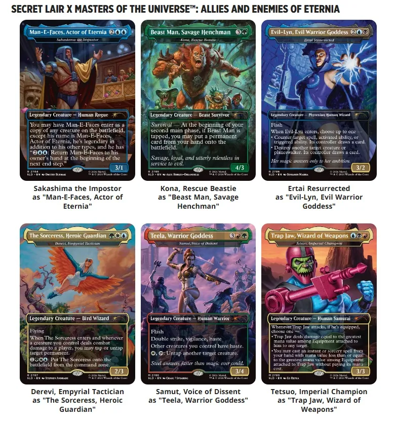 Six Magic: The Gathering cards featuring Eternia characters.