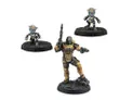 A trio of miniatures from Corvus Belli's upcoming releases features a central figure in a tactical suit, wielding a weapon, flanked by two smaller androids with distinctive blue eyes and sleek designs. The central figure stands on a textured base, while the two smaller figures are positioned on separate bases, showcasing their unique designs. The overall aesthetic combines elements of sci-fi and military themes, emphasizing a futuristic and dynamic look.