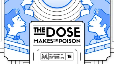 A stylized illustration with a repeating pattern of blue and white silhouettes of people with voluminous hair, arranged in a circular formation. In the center, there is a large, outlined teardrop shape. Below the teardrop, the text "THE DOSE" is visible, followed by "MAKES THE" in smaller font. The background features geometric, art deco-inspired patterns.