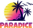Pixelated sunset with a large palm tree silhouette against a gradient sky of yellow, orange, and purple hues. Below, a row of blurred, indistinct figures and objects, possibly representing a crowd or event space.