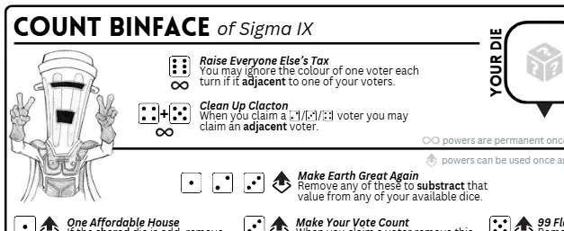 "ACE of Sigma IX" text with bullet points and dice icons.