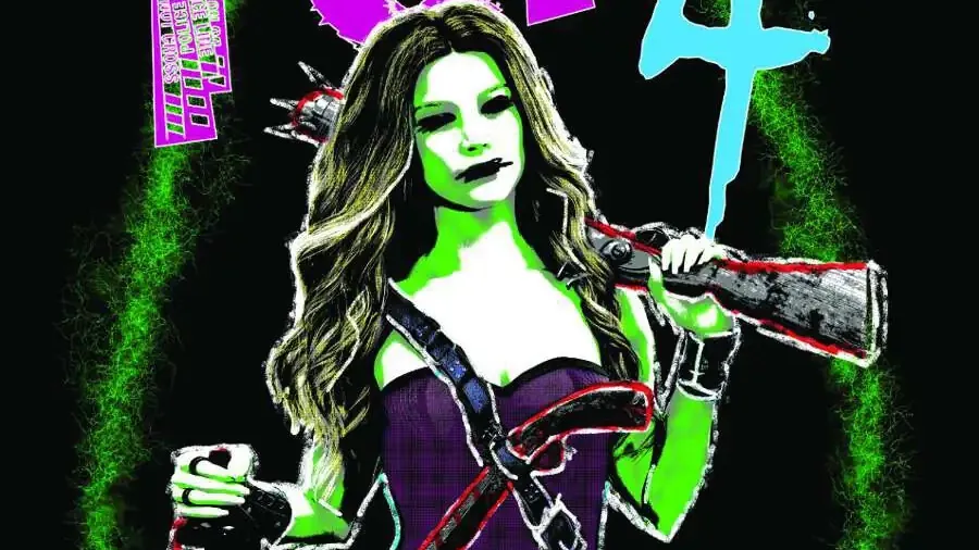 A stylized character with long hair, purple top, and green cybernetic arm holding a large gun. Background features glowing green text with "TOK 4" in large pink and cyan letters. Smaller text includes "Vast Grimm" and "Cybernetic." Character holds a can in left hand.