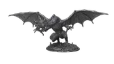 Gray metal dragon miniature with outstretched wings on a round base.