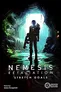 A person in a futuristic suit and helmet stands in a dimly lit, industrial corridor with green lighting. The floor is wet, reflecting the surroundings. The person holds a large weapon over their right shoulder. The background includes pipes, machinery, and overgrown vegetation. The text "NEMESIS RETALIATION" is prominently displayed at the bottom in white, capital letters.