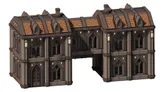 A detailed 3D model of a building designed for tabletop gaming, featuring a gothic architectural style with pointed arches and decorative elements. The structure has a brown tiled roof and is primarily a muted gray color, with illuminated wall sconces and a central archway connecting two sections. The design includes intricate window details and a variety of textures, enhancing its grimdark aesthetic suitable for a sci-fi setting.