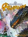 Cyberpunk cityscape with neon-lit skyscrapers. Giant dragon-like creature emerging from ruins, glowing red eyes and fiery breath. Four small flying drones in mid-air. Text reads: "Shadowrun Anarchy 2.0" with logo and "2.0" in corner.
