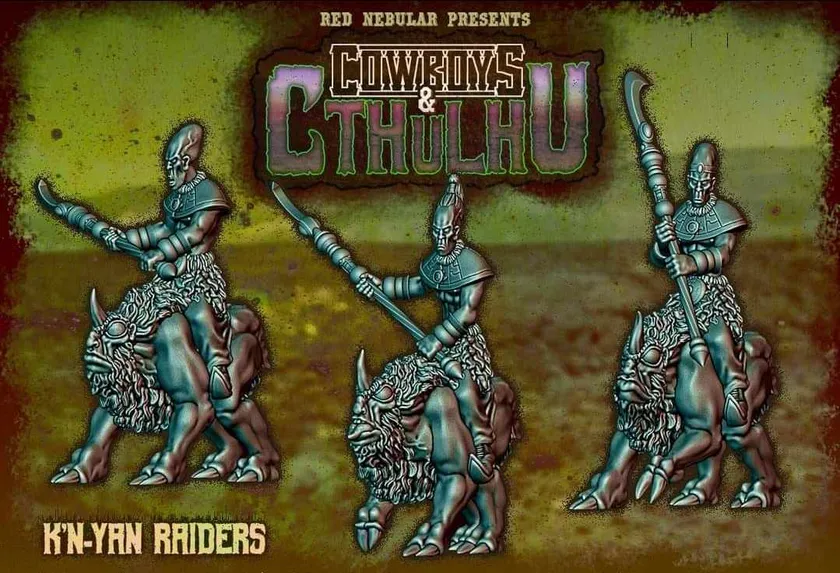 Humanoid aliens with spears riding horned, alien horses