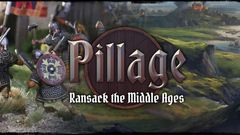 A stylized logo for the game "Pillage" features bold, metallic lettering with a wooden shield backdrop, emphasizing the theme of ransacking during the Middle Ages. In the background, Viking warriors are depicted, equipped with shields and weapons, set against a scenic landscape that includes rolling hills and distant fortifications. The subtitle "Ransack the Middle Ages" is displayed prominently beneath the main title, highlighting the game's focus on narrative-driven skirmishes.