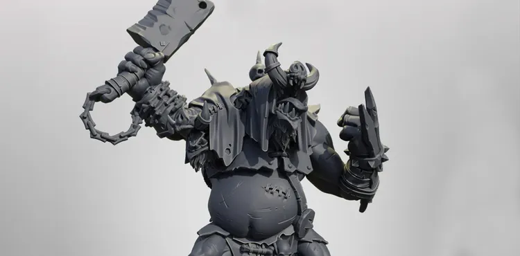 A large, muscular pig-like character stands prominently, wielding a hefty weapon in one hand and gesturing with the other. The figure is adorned with tattered clothing and various accessories, including skulls and spikes, emphasizing a fierce and rugged appearance. The model is presented in a gray, unpainted finish, showcasing intricate details such as stitches on the belly and a menacing expression.
