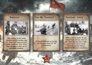 Three cards from the Warfighter WWII Eastern Front card game. From left to right:

1. "Commissar" card with a black-and-white image of a soldier holding a document, standing next to a seated person wrapped in a blanket. Text on the card reads: "Soldier in the same Fireteam as this Soldier has his Morale increased by 1 and Demoralized status cancelled. This effect lasts as long as they are in the same Location."

2. "For My Country!" card with a black-and-white image of soldiers in action, one holding a rifle with a fixed bayonet. Text on the card reads: "Treat all Soldiers as having 'His Number Was Up' for this Mission."

3. "Tactical Initiative" card with a black-and-white image of a group of soldiers gathered around a table, possibly planning. Text on the card reads: "Draw 3 Action cards and reveal them. At any time during the Mission, you may pass one or more of these cards to another Soldier in the same Fireteam."

In the background, a red flag with a yellow hammer and sickle emblem is visible, along with a red
