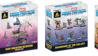 Box for Marvel Crisis Protocol Miniatures Game, Guardians of the Galaxy Starter Set. The packaging is predominantly purple with a clear plastic front displaying ten painted miniatures of characters in dynamic poses, each on a circular base. At the top, the text reads "MARVEL CRISIS PROTOCOL MINIATURES GAME" in blue and white. Below the miniatures, the text "GUARDIANS OF THE GALAXY STARTER SET" is in yellow and white. A small black label with "MCP65" and the Atomic Mass Games logo is visible in the upper left corner.