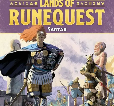 Cover art for Lands of RuneQuest: Sartar. Central figure with red hair, armor, and a blue cloak stands holding a shield with a rune design. Behind, an elderly man in robes and a warrior with spear. Title reads "LANDS OF RUNEQUEST Sartar" with ancient symbols above.