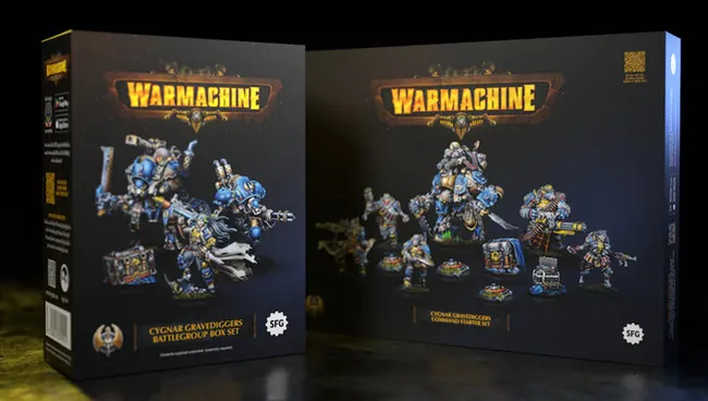 The image features two box sets from Steamforged Games for the Cygnar faction in the Warmachine tabletop game. On the left, the "Cygnar Gravediggers Battlegroup Box Set" showcases a warcaster and two warjacks, with vibrant blue and metallic details on the miniatures. On the right, the "Cygnar Gravediggers Command Starter" includes a more diverse array of models, featuring a heavy warjack, a three-model unit, and a character solo, all set against a dark background that highlights the colorful packaging and intricate designs.