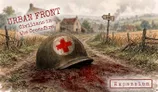 Worn helmet with red cross, text "URBAN FRONT Civilians in the Crossfire", rural background