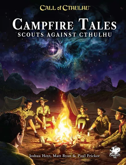 A group of young scouts sits around a campfire, illuminated by its warm glow against a starry night sky filled with swirling cosmic colors. They are dressed in scout uniforms, with tents set up in the background, creating a sense of adventure and camaraderie. The title "CAMPFIRE TALES: SCOUTS AGAINST CTHULHU" is prominently displayed at the top, along with the names of the authors at the bottom.