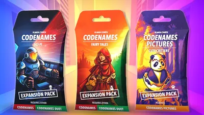 Three expansion packs for the party word game Codenames are displayed: "Sci-Fi," "Fairy Tales," and "Cute Critters." Each pack features vibrant artwork, with the "Sci-Fi" pack showcasing a character in a futuristic setting, the "Fairy Tales" pack depicting a girl in a red cloak against a colorful forest backdrop, and the "Cute Critters" pack featuring a playful panda. Each pack is labeled as an "Expansion Pack" and indicates compatibility with either Codenames or Codenames Duet.