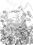 Line-art illustration of a chaotic, densely packed scene set inside a large, spherical structure labeled "JUNKSPHERE." The sphere's interior is filled with various platforms, ladders, ramps, and mechanical components, resembling a junkyard or workshop.

Numerous humanoid figures are scattered throughout the scene, engaged in different activities. Some appear to be climbing, working, or interacting with objects. A few figures are holding or surrounded by what look like tools, crates, and machinery parts.

Several animals, including what appear to be goats and pigs, are also present, some standing on platforms or near the humanoid figures.

A prominent sign in the center reads "KARLUK" with smaller text beneath it: "GUNZ STUF." Additional signs and labels include "EGGS SD," "COOLIO," and a warning sign on the upper right that reads "BEWARE OF NEGANTOR."

The scene is bustling with activity, with various mechanical and structural elements creating a layered, intricate environment.