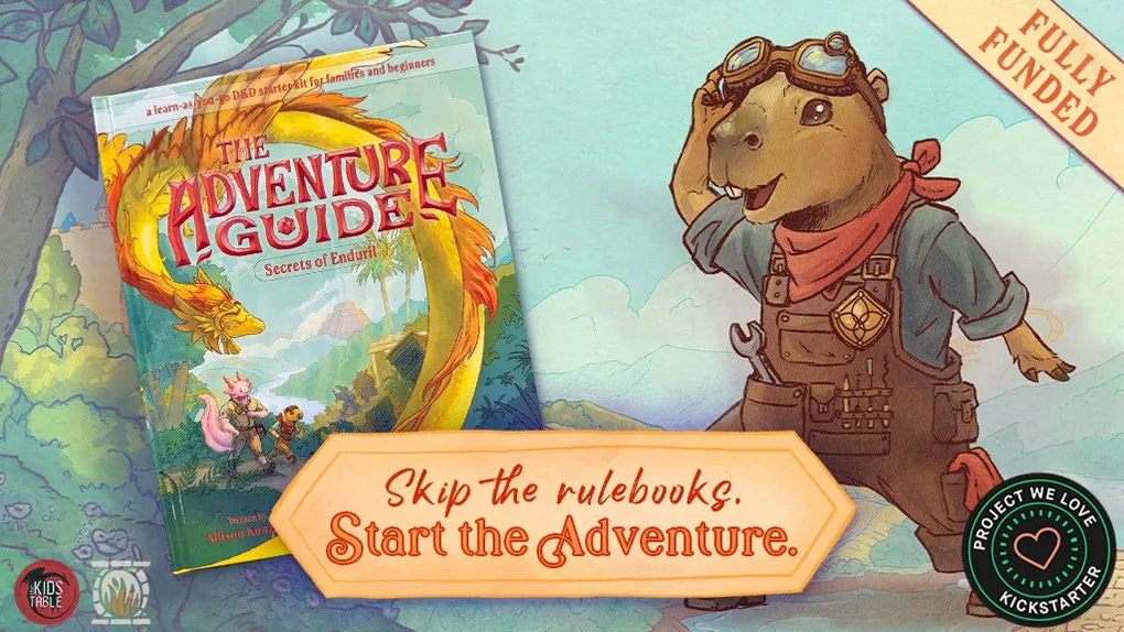 Illustrated book cover for *The Adventure Guide: Secrets of Enduril*. A large, stylized red dragon with yellow and orange scales coils around the left side, its head near the top. Behind the dragon, a tropical shoreline with palm trees and mountains is visible. On the right, a cartoonish humanoid badger wearing aviator goggles, a red scarf, and a brown leather vest stands on a stone pillar, holding a rolled-up map. A parchment banner at the bottom reads: "Skip the rulebooks. Start the Adventure." The book’s title, *The Adventure Guide*, appears in large, bold red letters along the dragon’s body, with "Secrets of Enduril" in smaller white text below. At the top left, smaller text reads: "D&D Starter Kit for families and beginners."