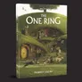 A book cover for "Hobbit Tales" from The One Ring roleplaying game features a whimsical illustration of Hobbiton, showcasing several Hobbit holes with thatched roofs nestled in lush green hills. In the foreground, a group of Hobbits, including children, are joyfully running, accompanied by a dog and various farm animals like chickens. The title "HOBBIT TALES" is prominently displayed at the bottom, with the logo for The One Ring above it, all set against a dark background.