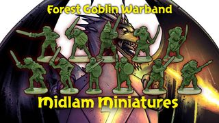 A lineup of eleven green forest goblin miniatures, each standing on a circular base, is displayed prominently in the foreground. They are depicted in various poses, wielding weapons such as swords and shields, showcasing their unique designs. In the background, a fierce creature with sharp teeth and vibrant colors adds a dynamic contrast, while the text "Forest Goblin Warband" and "Midlam Miniatures" is boldly featured at the bottom.