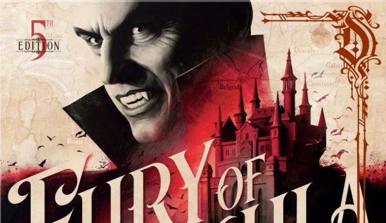 The cover of "Fury of Dracula: 5th Edition" features a dramatic illustration of Dracula, depicted with a sinister expression and sharp features, set against a backdrop of a dark, gothic castle. The title "FURY OF DRACULA" is prominently displayed in bold, stylized lettering, with the subtitle "A Game of Deduction & Gothic Horror" beneath it. The design incorporates elements like a map of Europe and a horse-drawn carriage, enhancing the game's Victorian theme.