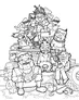Line-art illustration of a chaotic, densely packed scene featuring numerous cartoonish humanoid figures engaged in various activities. The setting appears to be a cluttered, multi-level structure resembling a junkyard or workshop in space, with floating debris and mechanical parts.

At the center, a large, spherical object is surrounded by people. Some figures are climbing, sitting, or standing on platforms and ladders. One figure at the top wears a crown-like object and holds a wrench. Another figure nearby holds a clipboard. Several characters are interacting with mechanical devices, pipes, and gears. One person is holding a large mallet, while another appears to be pouring liquid from a container. A few figures are engaged in conversation or working on machinery.

In the lower left, a character sits on a toilet-like structure reading a book. Various tools, containers, and miscellaneous objects are scattered throughout the scene. No legible text is present.