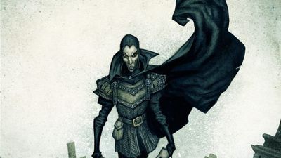 A tall, skeletal figure stands menacingly in a graveyard, wearing dark, tattered clothing and a hooded cloak. The character has a gaunt face with exaggerated features, including sharp cheekbones and a wide, sinister grin. In the background, weathered gravestones are partially obscured by mist, enhancing the eerie atmosphere of the scene.