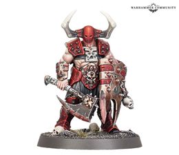 A muscular warrior stands prominently, adorned in red and black armor with sharp spikes and skull motifs. He wields a large, menacing axe in one hand and a shield with jagged edges in the other, both showcasing intricate detailing. His head is covered by a horned helmet, and he stands on a rocky base with sparse grass and skulls scattered around.