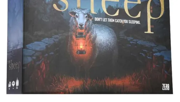 A board game box titled "The Sheep" features a menacing sheep holding a lantern, set against a dark, eerie forest backdrop. The title is prominently displayed in gold lettering, with the tagline "DON'T LET THEM CATCH YOU SLEEPING" beneath it. The overall color scheme is dark, with shades of blue and green, enhancing the horror-comedy theme of the game.