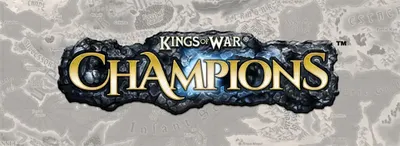 The logo for "Kings of War: Champions" features bold, stylized text with "KINGS OF WAR" in gold above "CHAMPIONS," which is highlighted in a bright blue against a textured black stone background. The design conveys a sense of fantasy and adventure, suitable for a tabletop gaming theme. The backdrop includes a faint map-like texture, suggesting a rich game world.
